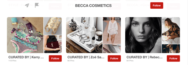 Esimerkki Becca Cosmeticsin vaikuttajien kuratoimista Pinterest-keskustelupalstoista.