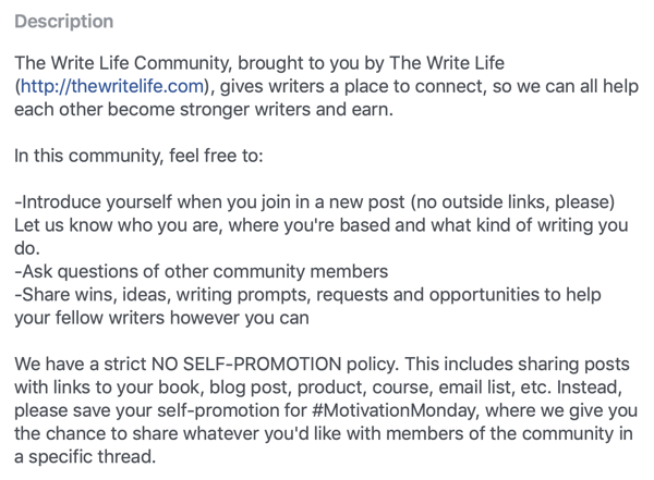 Kuinka parantaa Facebook-ryhmääsi, esimerkki Facebook-ryhmän kuvauksesta ja The Write Life Community -säännöistä