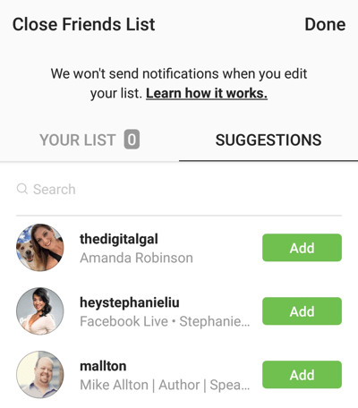 Mahdollisuus napsauttaa Lisää lisätäksesi ystävän Sulje ystäväsi -luetteloon Instagramissa.