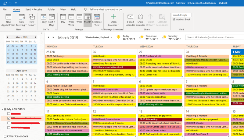 Sosiaalisen median markkinointistrategia; Näyttökuva Outlook-kalenteristamme, joka näyttää, kuinka ajoitamme jokaisen toteutustoiminnon sen varmistamiseksi, että se tehdään.