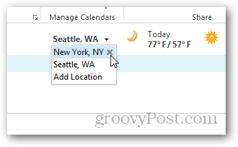 Outlook 2013 -kalenterin sääkierros - Lisää / poista kaupunkeja
