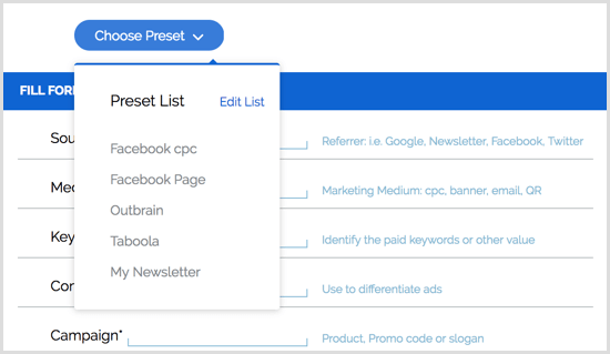 Google URL Builder Chrome-laajennuksen esiasetukset
