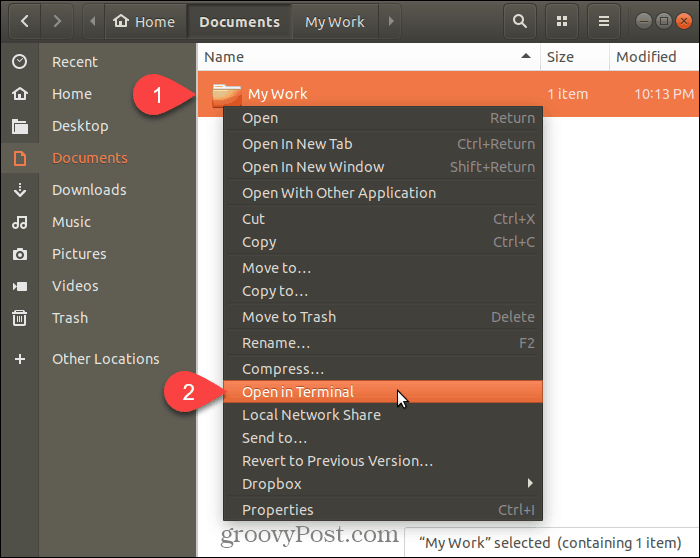 Valitse Avaa terminaalissa Ubuntu Linuxissa