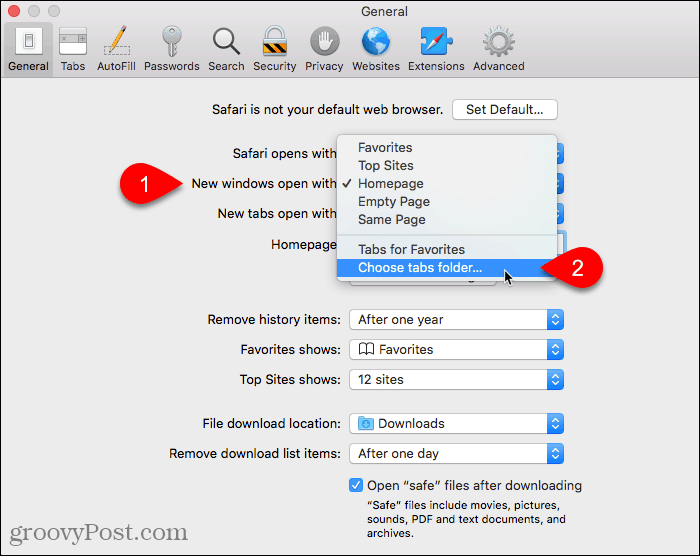 Valitse Valitse välilehdet-kansio, kun uudet ikkunat avautuvat asetusten kanssa Safarissa Macissa