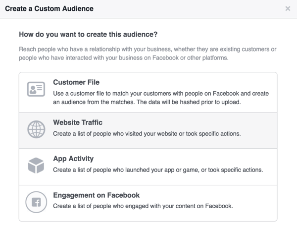 Valitse Verkkosivuston liikenne määrittääksesi Facebookin mukautetun yleisön verkkosivuston kävijöistä.
