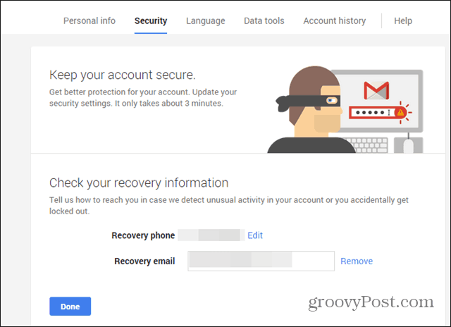 Google Security Wizard -toiminnon puhelimen sähköpostitarkistus