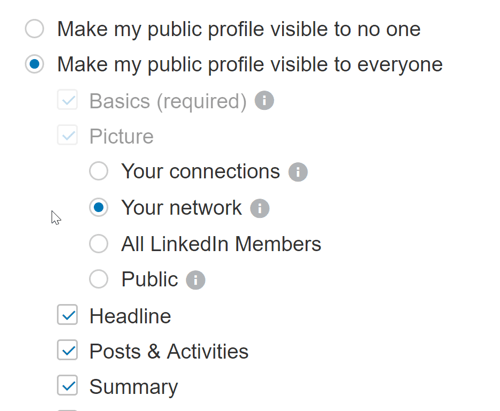 Varmista, että LinkedIn-profiiliasetuksesi sallivat kenenkään nähdä julkiset viestisi.