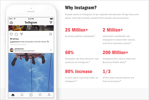 Instagramissa on verkkosivu otsikolla "Miksi Instagram?" joka jakaa tärkeitä tilastoja Instagramista ja Instagram Stories for business -yrityksistä.