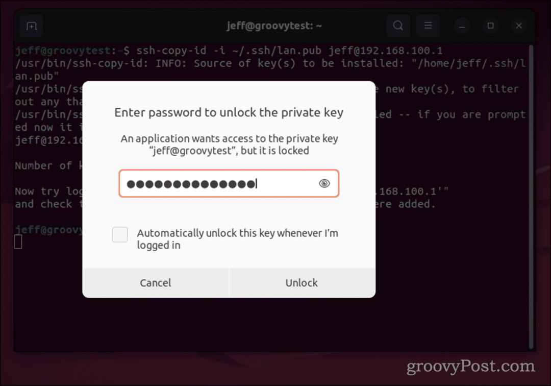 Ubuntun salasana -valintaikkuna SSH-avaimelle