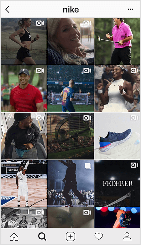 Nike Instagram -viesteissä on ruudukko urheilijoita, jotka käyttävät Nike-varusteita, mutta muutamassa syötteen kuvassa on tekstiä.