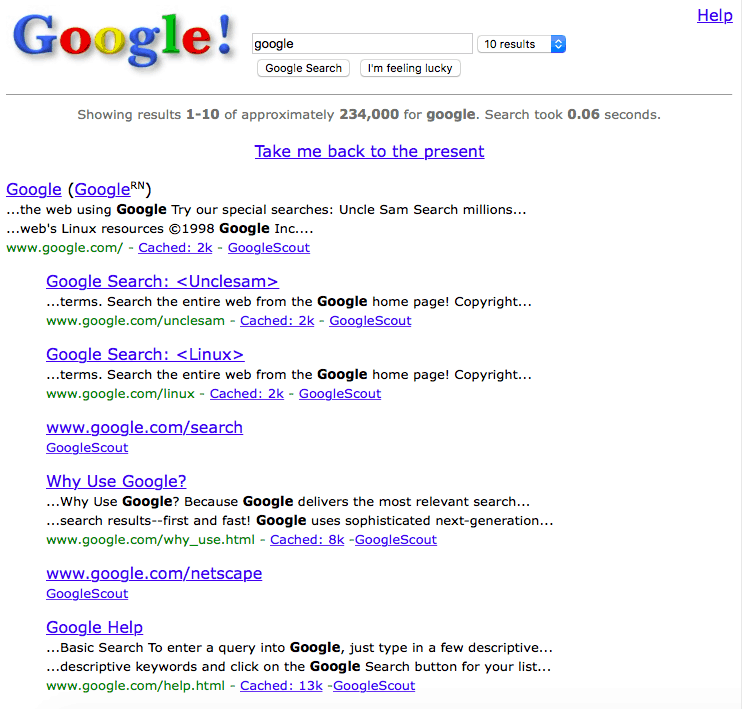 Perjantai-hauskaa: Palaa takaisin verkkoon 1.0, jonka on kirjoittanut Googlen "Google vuonna 1998"