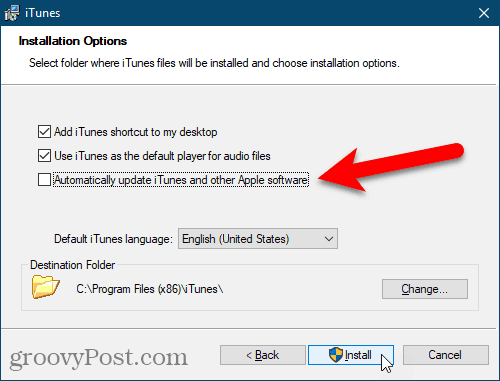 Poista valinta Päivitä iTunes automaattisesti