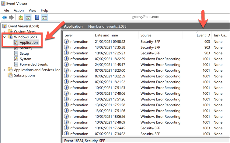 Luettelo Windows-sovelluslokeista Event Viewer -sovelluksessa