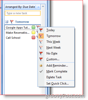 Outlook 2007 Tehtäväpalkki - Napsauta hiiren kakkospainikkeella Aseta-valikon Lippu