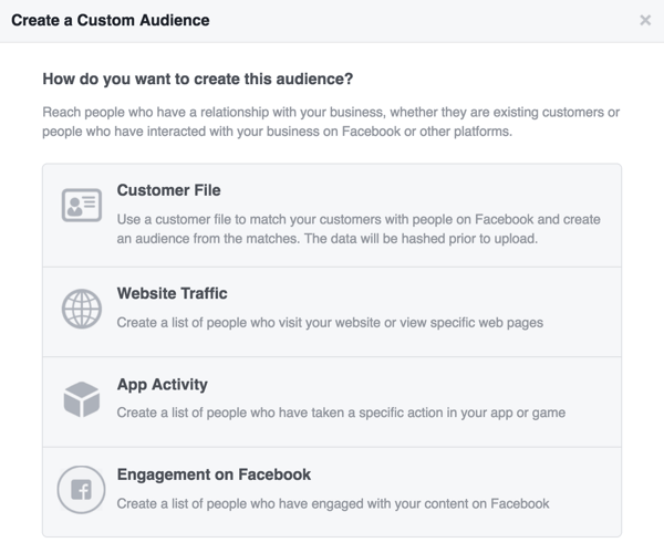 Valitse lähde, jota haluat käyttää mukautetulle Facebook-yleisöllesi.