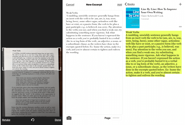 Ote - Book Highlighter iOS -sovellus, kuinka ottaa kuvakaappaus kirjan kohdasta