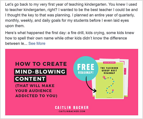 Caitlin Bacherin Facebook-viesti, joka näyttää tarjouksen hänen ilmaisesta Facebook-ryhmän etenemissuunnitelmastaan. Tarjouskuvassa on pääosin mustaa tekstiä vaaleanpunaisella taustalla. Teksti Vapaa tiekartta näkyy vaaleansinisenä ympyränä ja osoittaa etenemissuunnitelman kanteen.