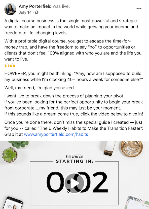 esimerkki amy porterfieldin liven facebook-postista, jossa keskustellaan siitä, kuinka digitaalinen kurssi voi hyödyttää yritystäsi
