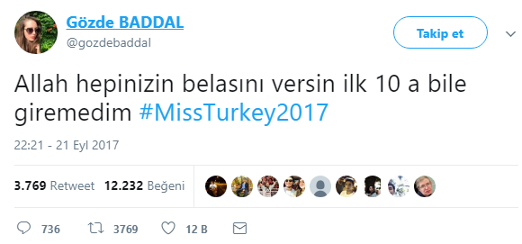 Miss Turkin kilpailijan Gözde Baddalin kirous