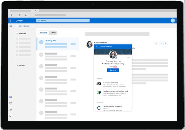LinkedIn tarjoaa nyt runsaasti oivalluksia, kuten profiilikuvia, työhistoriaa ja muuta, suoraan Outlook.com-käyttäjän henkilökohtaisesta postilaatikosta.