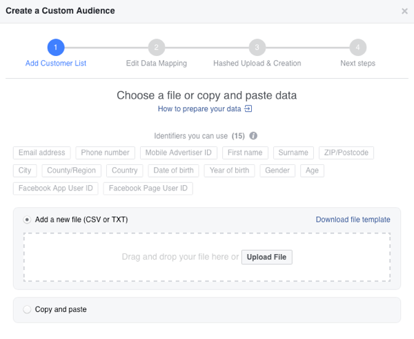 Luo mukautettu sähköpostiyleisösi Facebookiin lähettämällä sähköpostilistasi CSV-tiedostona.