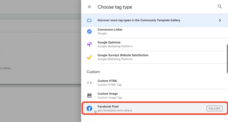 esimerkki google tag manager uusi tunniste, jossa valitse tagin tyyppi -valikko ja facebook-pikselivaihtoehto korostettuna mukautetussa osiossa