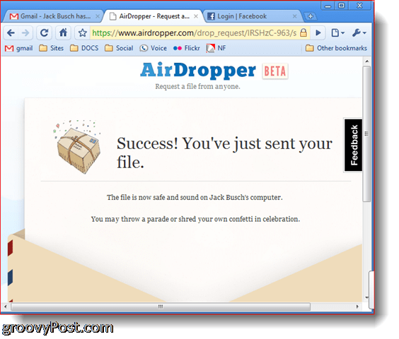 Dropbox Airdropper -valokuvakaappaus menestystiedosto lähetetty