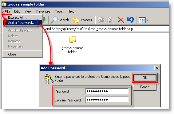 Sisäinen sisäänrakennettu pakkaus Windows XP - Lisää salasana