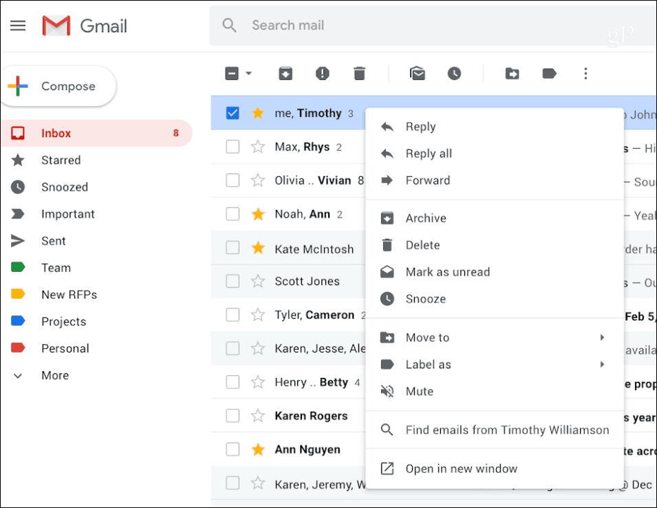 Gmailin hiiren oikean painikkeen kontekstivalikko