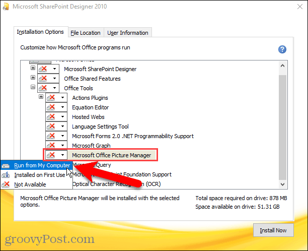 Ota käyttöön Suorita tietokoneesta -sovellus Microsoft Office Picture Manager -ohjelmaan Sharepoint Designer -asennuksessa