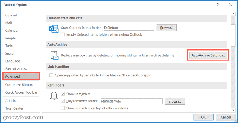 Outlookin automaattiset arkistoinnin lisäasetukset
