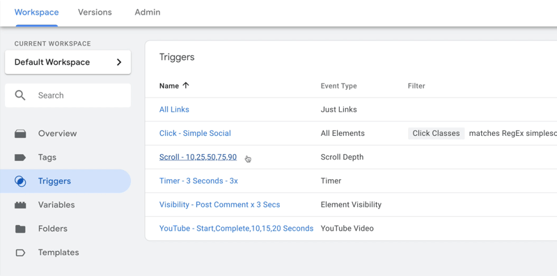 esimerkki google tag manager -hallintapaneelin työtilasta, jossa laukaisimet on valittu ja useita esimerkin laukaisimia näytetty tapahtuman tyypin ja mahdollisten suodattimien kanssa