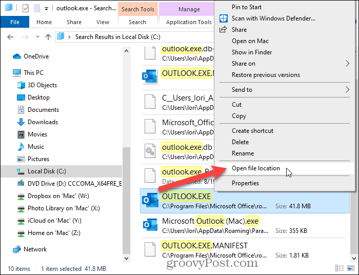 Valitse Avaa tiedoston sijainti File Explorerissa