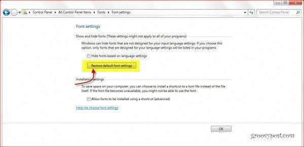 Palauta Windows 7-fontit oletusasetuksiin