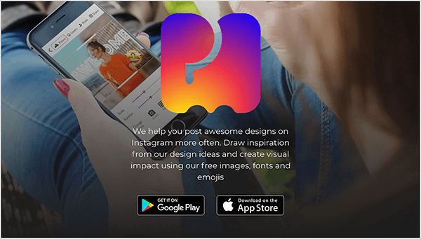 Tämä on kuvakaappaus PostMuse-verkkosivustosta. Yläreunan keskellä on suuri kuva PostMuse-logosta, joka on kaarevalla kaltevuudella täytetty P ja M. Ylhäältä alas kaltevuus sisältää purppuran, fuschian, punaisen, oranssin ja keltaisen. Logon alla on seuraava valkoinen teksti: "Autamme sinua julkaisemaan mahtavia malleja Instagramiin useammin. Ota inspiraatiota muotoiluideoistamme ja luo visuaalinen vaikutus käyttämällä ilmaisia ​​kuvia, fontteja ja hymiöitä. " Tekstin alla on painikkeita, jotka yhdistävät Google Play -kauppaan ja App Storeen. Sivuston taustakuva on valokuva valkoisesta henkilöstä, jolla on punaiset hoidetut kynnet ja jolla on älypuhelin ja joka käyttää PostMuse-sovellusta. Kuva on otettu henkilön olkapään yli, ja terävyysalue sumentaa henkilön hiukset ja niska keskittyäksesi puhelimeen. Henkilön jalat on ojennettu heidän edessään ja hänellä on yllään siniset farkut.