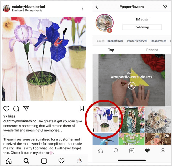 esimerkki Instagram-postista, joka näkyy ensimmäisenä tietyn hashtagin hakutuloksissa