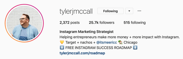 Esimerkki Instagram Business -profiilikuvasta ja biotiedoista: @tylerjmccall.