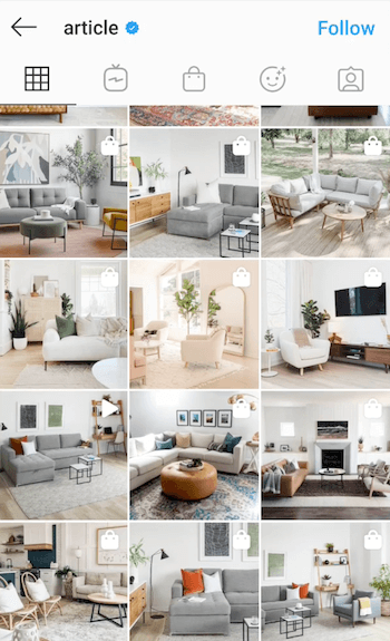esimerkkikaavio @article-instagram-syötteestä, jossa näkyvät niiden modernit huonekalut, joissa on paljon luonnonvaloa ja suodatinmuotoilu, joka sisältää sinisen