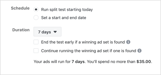 Valitse Suorita jaetun testin aloituspäivä -vaihtoehto Facebook-jakotestille.