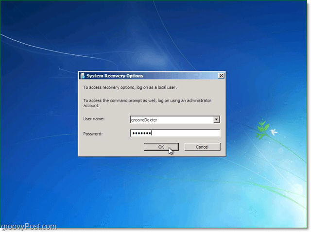 kirjoita käyttäjänimesi ja salasanasi Windows 7 -järjestelmän palautusta varten