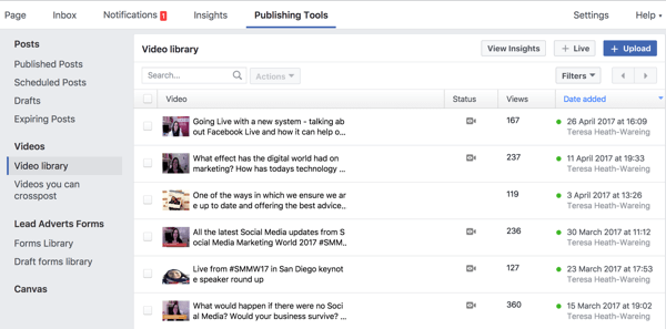 Voit käyttää koko Facebook-videokirjastoa Publishing Tools -kohdassa.