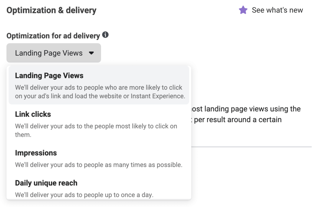 kuva mainosten hallinnan avattavasta Optimization for Ad Delivery -luettelosta