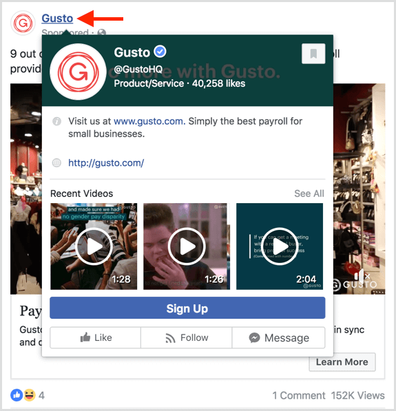 Käyttäjät näkevät esikatselun, kun he vievät hiiren sivun päälle Facebook-mainoksissa.