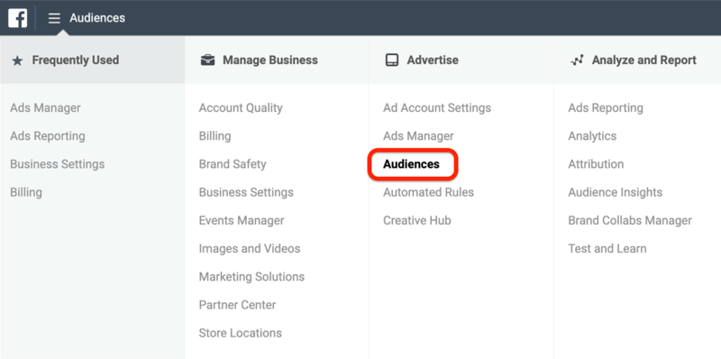 kuvakaappaus Yleisöt-vaihtoehdosta ympyröity punaisella Facebook Ads Manager -valikossa