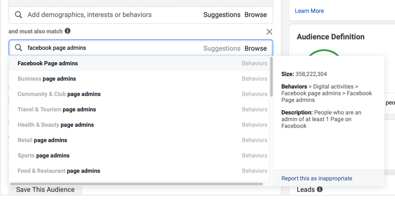 facebook-mainosten väestötiedot, jotka lisätään "ja" on myös vastattava "-ehtoihin" facebook-sivun järjestelmänvalvojat "