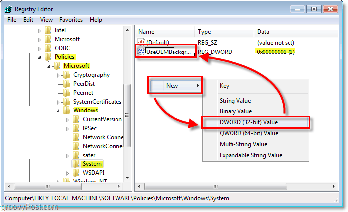 selaa Windows 7 -rekisteriavainta HKEY_LOCAL_MACHINESOFTWAREPoliciesMicrosoftWindowsSystem