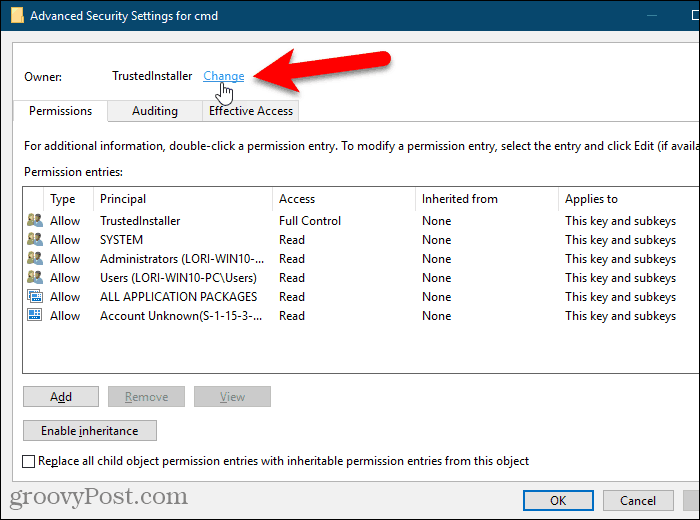 Napsauta Windows-rekisterin avaimen omistajan Muuta-linkkiä