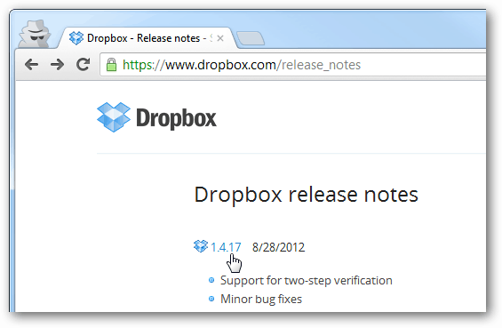 dropbox-julkaisutiedot jokaista versiota varten