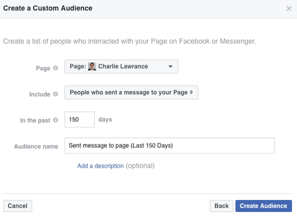 Valitse vaihtoehto, jos haluat luoda yleisön ihmisistä, jotka ovat lähettäneet viestin Facebook-sivullesi.