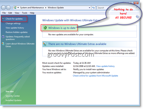 Windows Vistan Windows Update -valikko